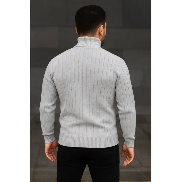 Erkek Fitilli Triko Kazak 2li Set Gri Siyah Regular Balıkcı Yaka Tam Boğazlı Triko Seti Modeli Kazak