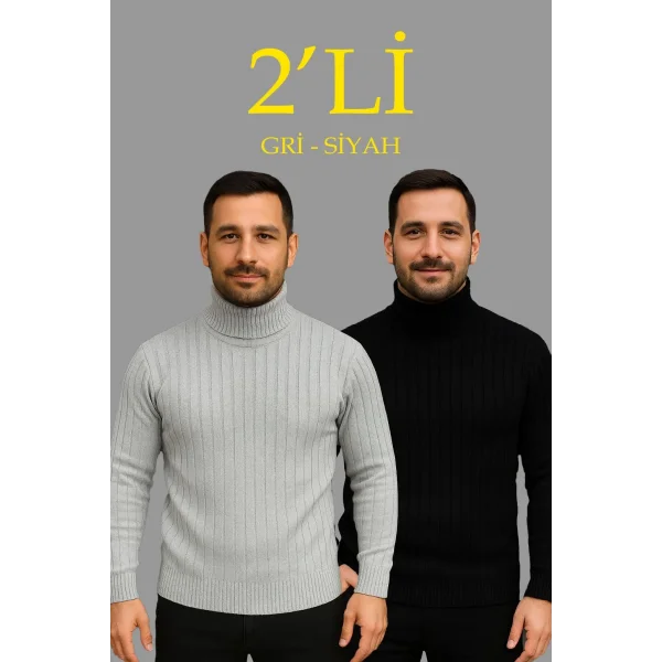 Erkek Fitilli Triko Kazak 2li Set Gri Siyah Regular Balıkcı Yaka Tam Boğazlı Triko Seti Modeli Kazak