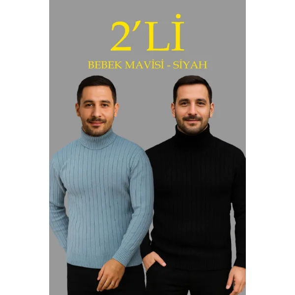 Erkek Fitilli Triko Kazak 2li Set Bebek Mavisi Siyah Regular Balıkcı Yaka Tam Boğazlı Triko Seti Modeli Kazak