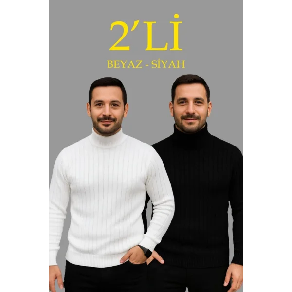 Erkek Fitilli Triko Kazak 2li Set Beyaz Siyah Regular Balıkcı Yaka Tam Boğazlı Triko Seti Modeli Kazak