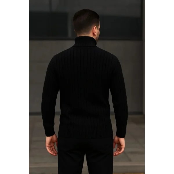 Erkek Fitilli Triko Kazak 2li Set Beyaz Siyah Regular Balıkcı Yaka Tam Boğazlı Triko Seti Modeli Kazak