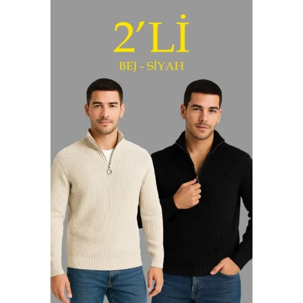 Erkek Fitilli Triko Kazak 2’li Set – Siyah - Bej Kalın Dokuma Pamuklu Regular Fit V Yaka Fermuarlı Uzun Kollu Rahat Kışlık Kazak Kombini