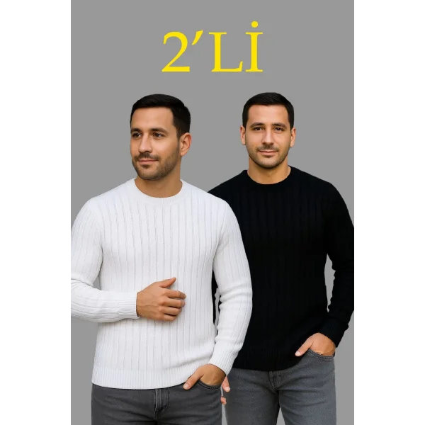 Erkek Fitilli Triko Kazak 2’li Set – Siyah & Beyaz, Kalın Dokuma Pamuklu Regular Fit Bisiklet Yaka Uzun Kollu Rahat Kışlık Kazak Kombini