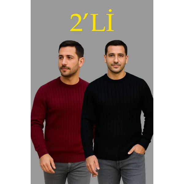Erkek Fitilli Triko Kazak 2’li Set – Siyah & Bordo, Kalın Dokuma Pamuklu Regular Fit Bisiklet Yaka Uzun Kollu Rahat Kışlık Kazak Kombini
