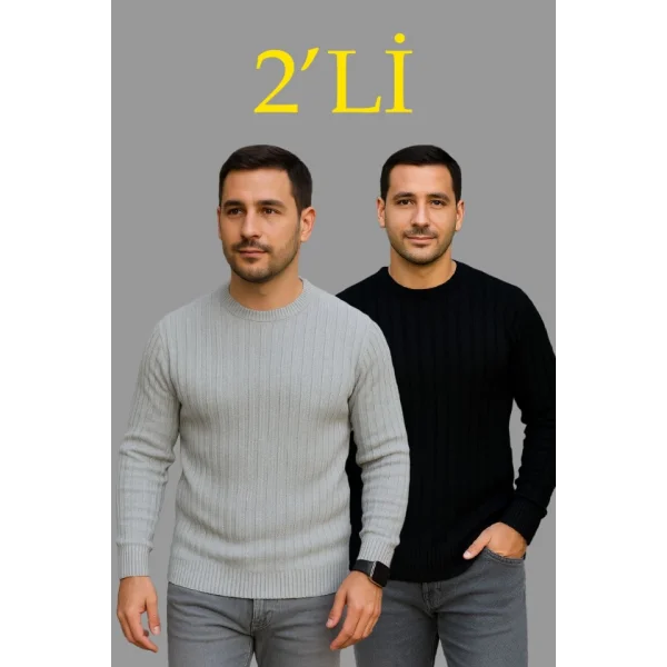 Erkek Fitilli Triko Kazak 2’li Set – Siyah - Gri, Kalın Dokuma Pamuklu Regular Fit Bisiklet Yaka Uzun Kollu Rahat Kışlık Kazak Kombini