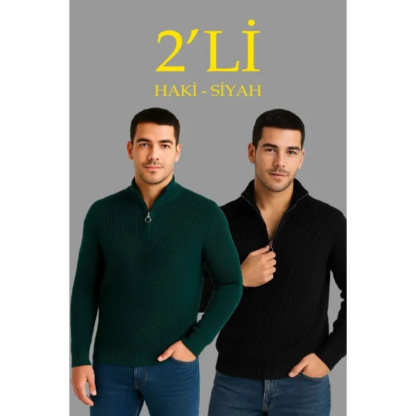 Erkek Fitilli Triko Kazak 2’li Set – Siyah & Haki Kalın Dokuma Pamuklu Regular Fit V Yaka Fermuarlı Uzun Kollu Rahat Kışlık Kazak Kombini