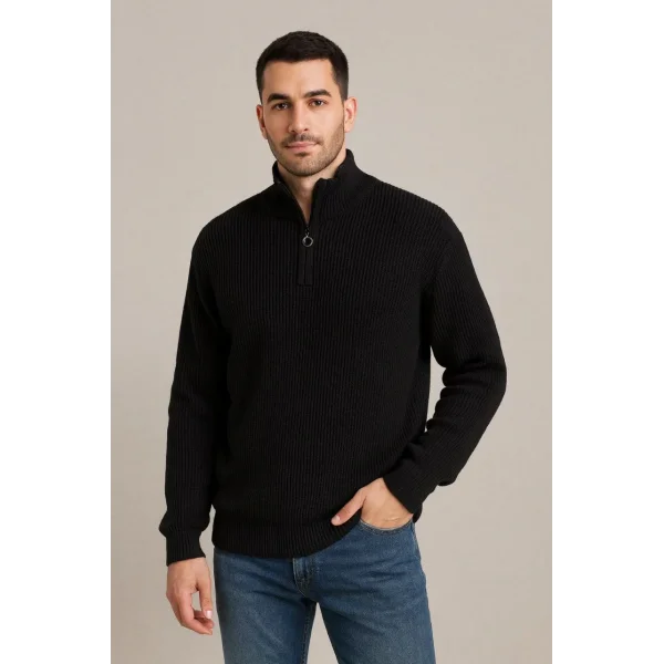 Erkek Fitilli Triko Kazak 2’li Set – Siyah & Haki Kalın Dokuma Pamuklu Regular Fit V Yaka Fermuarlı Uzun Kollu Rahat Kışlık Kazak Kombini