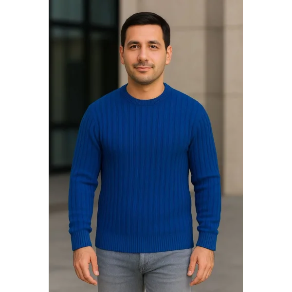 Erkek Fitilli Triko Kazak 2’li Set – Siyah & Saks Mavisi, Kalın Dokuma Pamuklu Regular Fit Bisiklet Yaka Uzun Kollu Rahat Kışlık Kazak Kombini