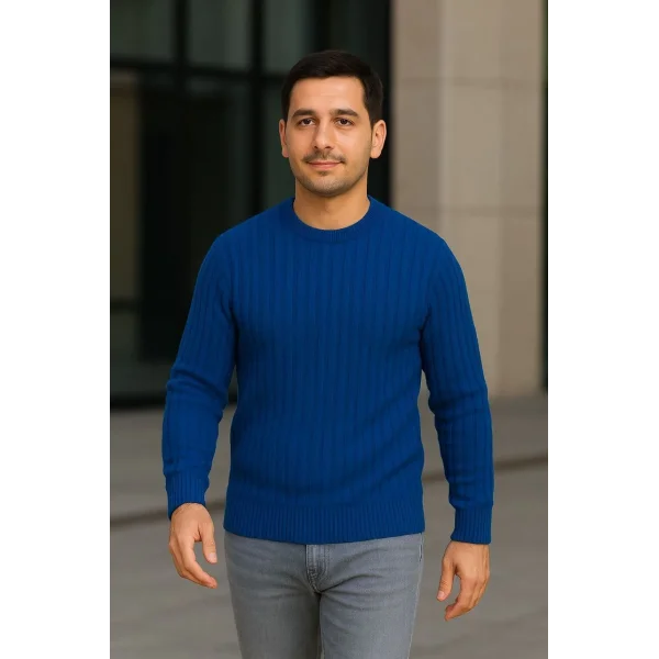 Erkek Fitilli Triko Kazak 2’li Set – Siyah & Saks Mavisi, Kalın Dokuma Pamuklu Regular Fit Bisiklet Yaka Uzun Kollu Rahat Kışlık Kazak Kombini