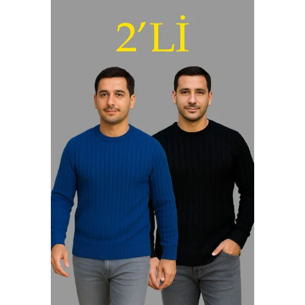 Erkek Fitilli Triko Kazak 2’li Set – Siyah - Saks Mavisi, Kalın Dokuma Pamuklu Regular Fit Bisiklet Yaka Uzun Kollu Rahat Kışlık Kazak Kombini