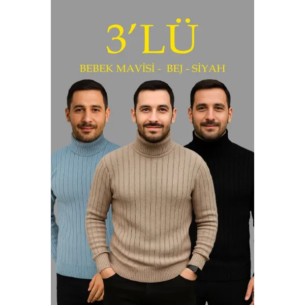 Erkek Fitilli Triko Kazak 3lÜ Set Bebek Mavisi Bej Siyah Regular Balıkcı Yaka Tam Boğazlı Triko Seti Modeli Kazak