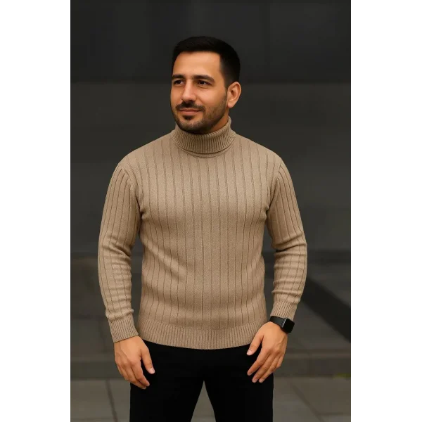 Erkek Fitilli Triko Kazak 3lÜ Set Bej Haki Siyah Regular Balıkcı Yaka Tam Boğazlı Triko Seti Modeli Kazak