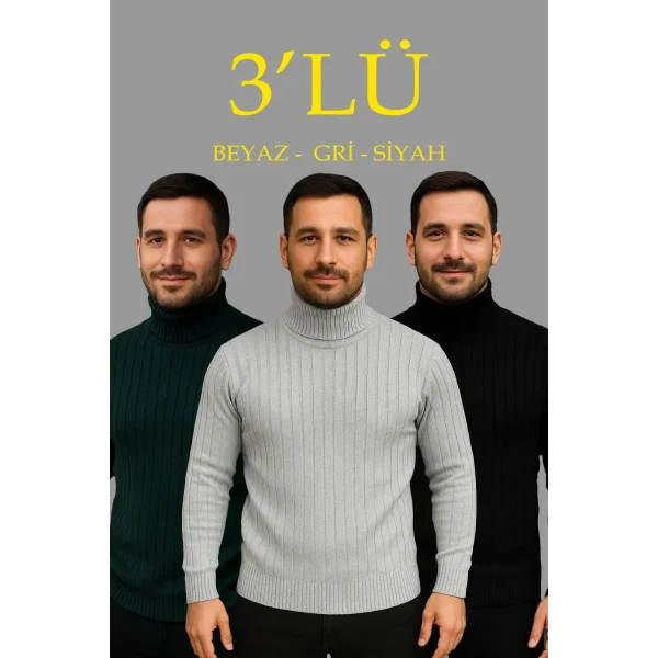 Erkek Fitilli Triko Kazak 3lÜ Set Gri Haki Siyah Regular Balıkcı Yaka Tam Boğazlı Triko Seti Modeli Kazak