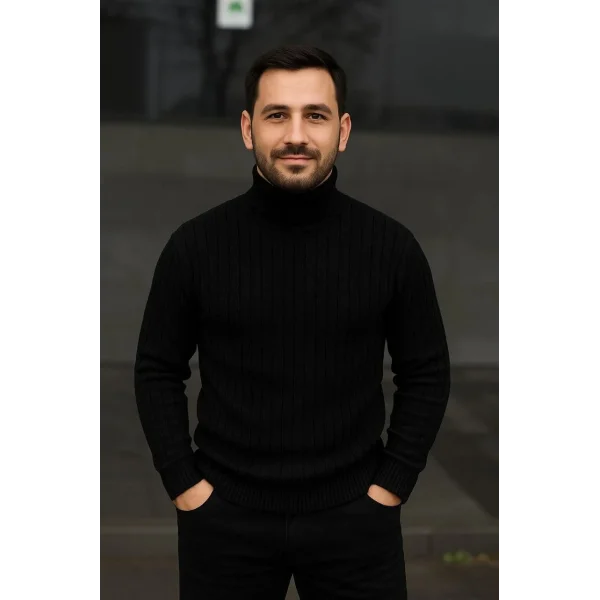 Erkek Fitilli Triko Kazak 3lÜ Set Gri Haki Siyah Regular Balıkcı Yaka Tam Boğazlı Triko Seti Modeli Kazak