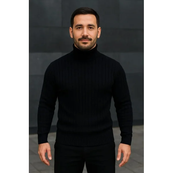 Erkek Fitilli Triko Kazak 3lÜ Set Gri Haki Siyah Regular Balıkcı Yaka Tam Boğazlı Triko Seti Modeli Kazak