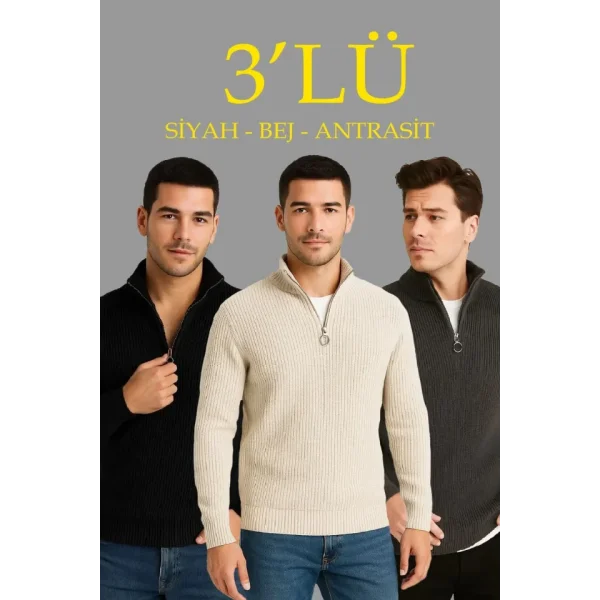 Erkek Fitilli Triko Kazak 3’lü Set – Antrasit, Siyah, Bej Kalın Dokuma Pamuklu Regular Fit V Yaka Fermuarlı Uzun Kollu Rahat Kışlık Kazak Kombini