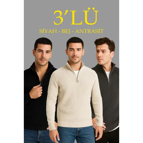 Erkek Fitilli Triko Kazak 3’lü Set – Antrasit, Siyah, Bej Kalın Dokuma Pamuklu Regular Fit V Yaka Fermuarlı Uzun Kollu Rahat Kışlık Kazak Kombini