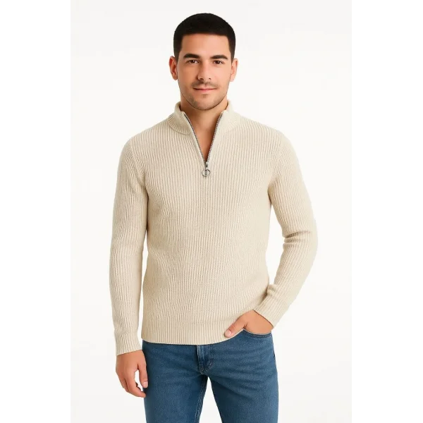 Erkek Fitilli Triko Kazak 3’lü Set – Antrasit, Siyah, Bej Kalın Dokuma Pamuklu Regular Fit V Yaka Fermuarlı Uzun Kollu Rahat Kışlık Kazak Kombini