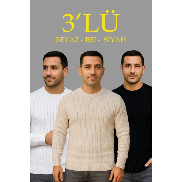 Erkek Fitilli Triko Kazak 3’lü Set – Bej, Beyaz, Siyah | Kalın Dokuma Pamuklu Regular Fit Bisiklet Yaka Uzun Kollu Kışlık ve Baharlık Rahat Triko Kombini
