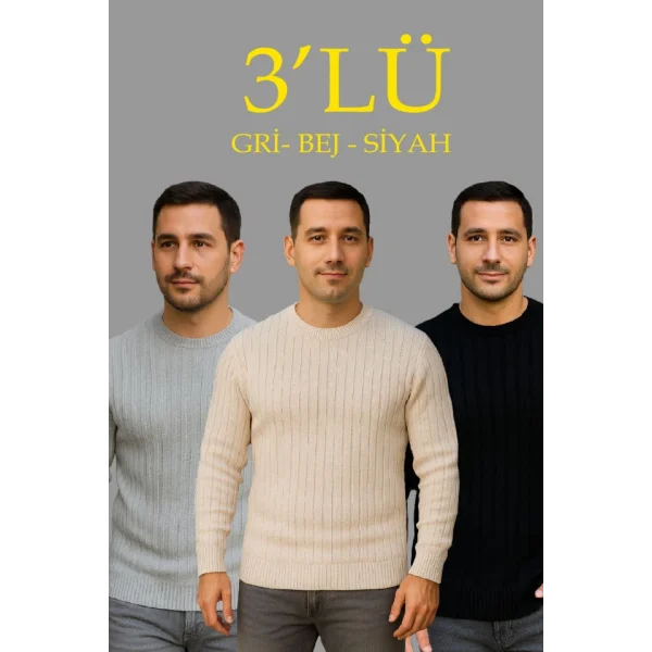Erkek Fitilli Triko Kazak 3lü Set Bej Gri Siyah Regular Fit Bisiklet Yaka Triko Seti Kazak Modeli