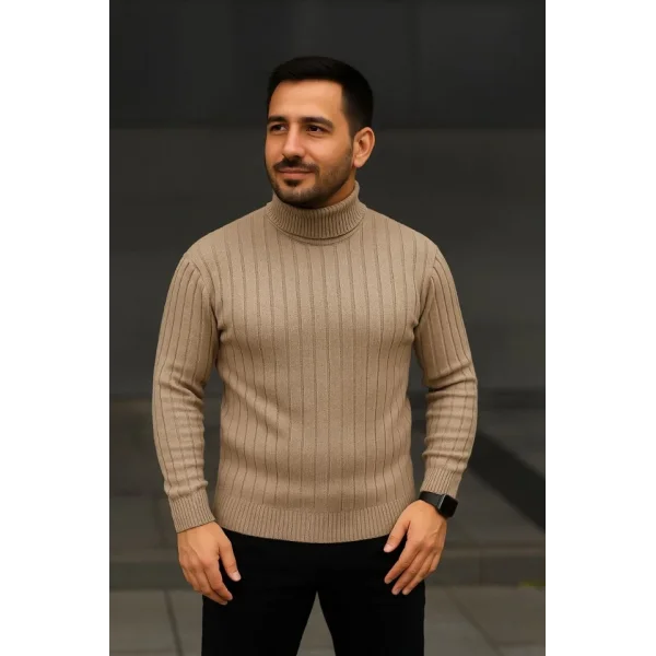 Erkek Fitilli Triko Kazak 3lÜ Set Bej Haki Siyah Regular Balıkcı Yaka Tam Boğazlı Triko Seti Modeli Kazak