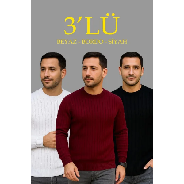 Erkek Fitilli Triko Kazak 3’lü Set – Beyaz, Bordo, Siyah | Kalın Dokuma Pamuklu Regular Fit Bisiklet Yaka Uzun Kollu Kışlık ve Baharlık Rahat Triko Kombini