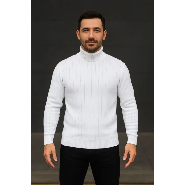 Erkek Fitilli Triko Kazak 3lÜ Set Beyaz Bordo Siyah Regular Balıkcı Yaka Tam Boğazlı Triko Seti Modeli Kazak