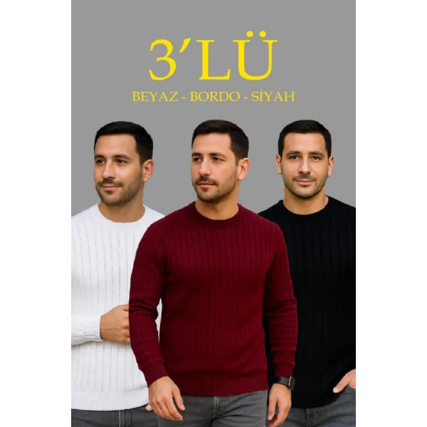 Erkek Fitilli Triko Kazak 3lü Set Beyaz Bordo Siyah Regular Fit Bisiklet Yaka Triko Seti