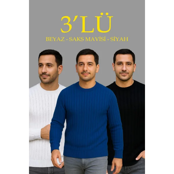 Erkek Fitilli Triko Kazak 3’lü Set – Beyaz, Saks Mavisi, Siyah | Kalın Dokuma Pamuklu Regular Fit Bisiklet Yaka Uzun Kollu Kışlık ve Baharlık Rahat Triko Kombini