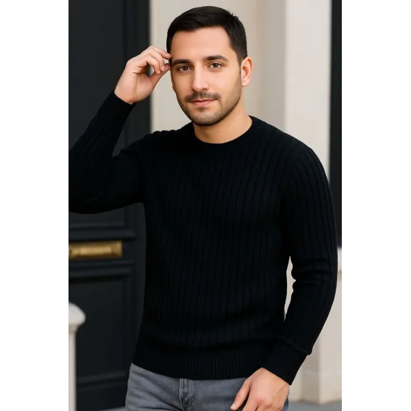 Erkek Fitilli Triko Kazak 3’lü Set – Beyaz, Saks Mavisi, Siyah | Kalın Dokuma Pamuklu Regular Fit Bisiklet Yaka Uzun Kollu Kışlık ve Baharlık Rahat Triko Kombini