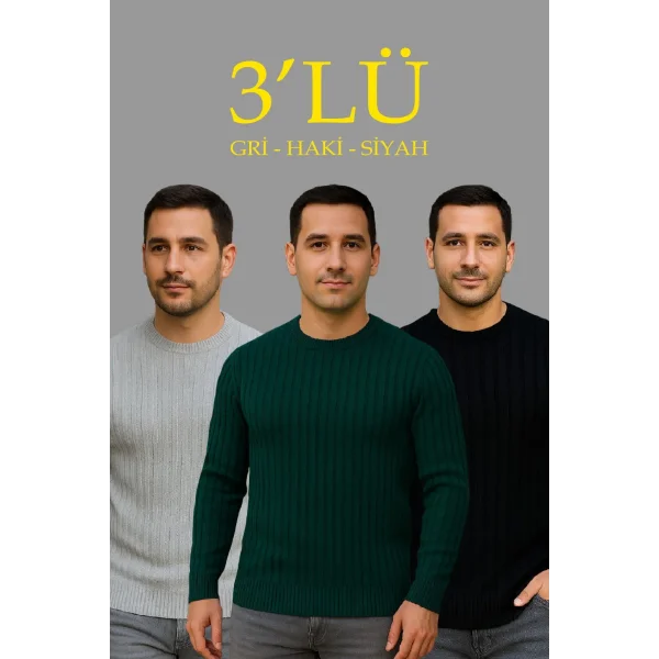 Erkek Fitilli Triko Kazak 3’lü Set – Gri, Haki, Siyah | Kalın Dokuma Pamuklu Regular Fit Bisiklet Yaka Uzun Kollu Kışlık ve Baharlık Rahat Triko Kombini