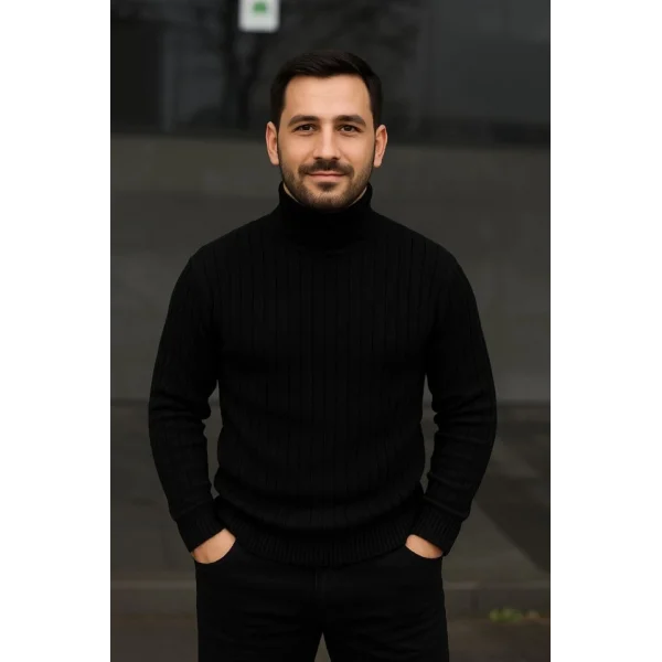 Erkek Fitilli Triko Kazak 3lÜ Set Gri Haki Siyah Regular Balıkcı Yaka Tam Boğazlı Triko Seti Modeli Kazak