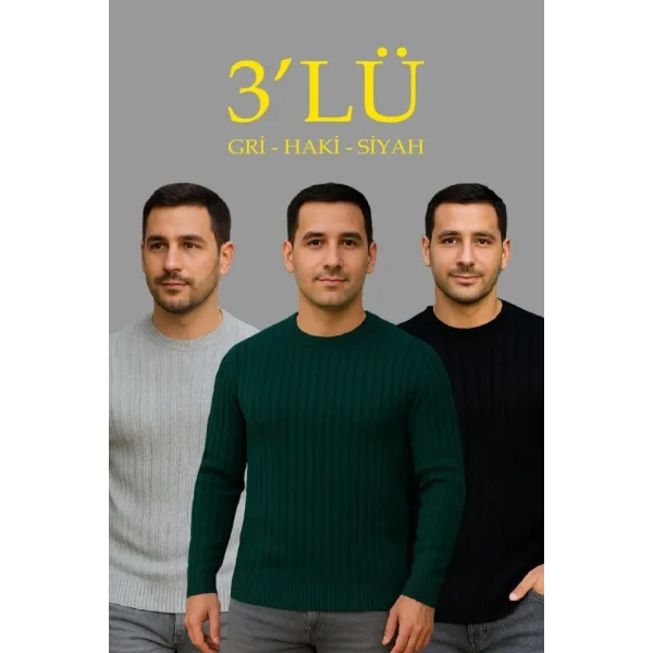 Erkek Fitilli Triko Kazak 3lü Set Gri Haki Siyah Regular Fit Bisiklet Yaka Triko Seti Modeli Kazak