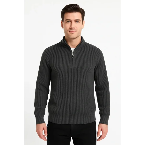 Erkek Fitilli Triko Kazak 3’lü Set – Haki, Siyah, Antrasit Kalın Dokuma Pamuklu Regular Fit V Yaka Fermuarlı Uzun Kollu Rahat Kışlık Kazak Kombini