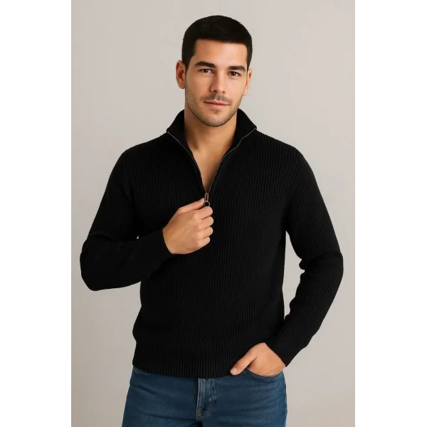 Erkek Fitilli Triko Kazak 3’lü Set – Haki, Siyah, Antrasit Kalın Dokuma Pamuklu Regular Fit V Yaka Fermuarlı Uzun Kollu Rahat Kışlık Kazak Kombini