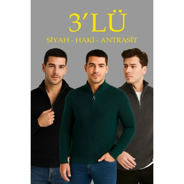Erkek Fitilli Triko Kazak 3’lü Set – Haki, Siyah, Antrasit Kalın Dokuma Pamuklu Regular Fit V Yaka Fermuarlı Uzun Kollu Rahat Kışlık Kazak Kombini