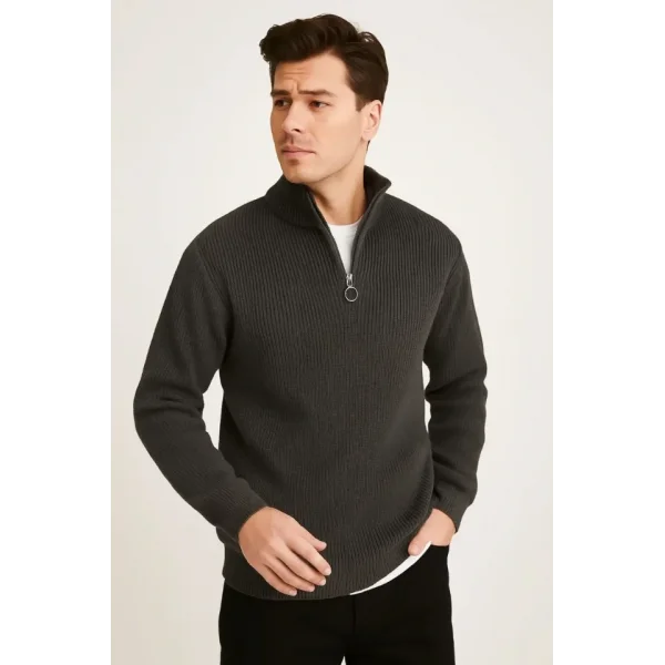 Erkek Fitilli Triko Kazak 3’lü Set – Mint Yeşili, Siyah, Füme Kalın Dokuma Pamuklu Regular Fit V Yaka Fermuarlı Uzun Kollu Rahat Kışlık Kazak Kombini