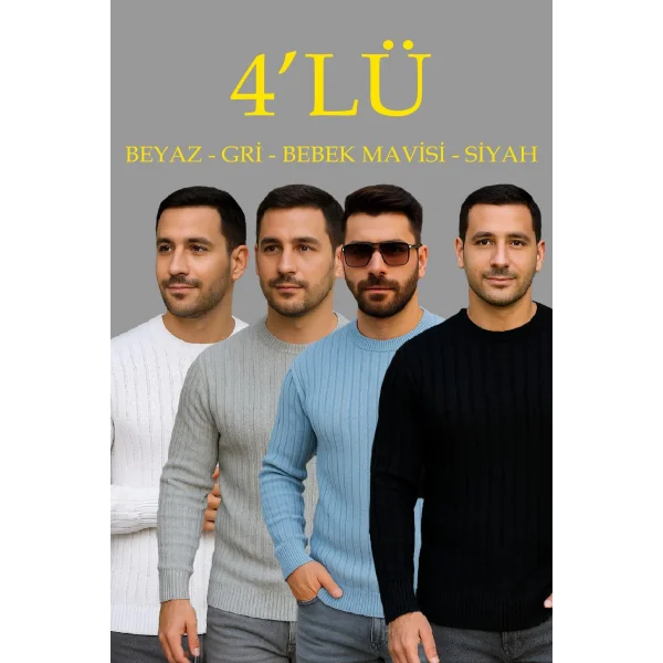 Erkek Fitilli Triko Kazak 4’lü Set – Beyaz, Bebek Mavisi, Gri, Siyah | Kalın Dokuma Pamuklu Regular Fit Bisiklet Yaka Uzun Kollu Kışlık ve Baharlık Rahat Triko Kombini