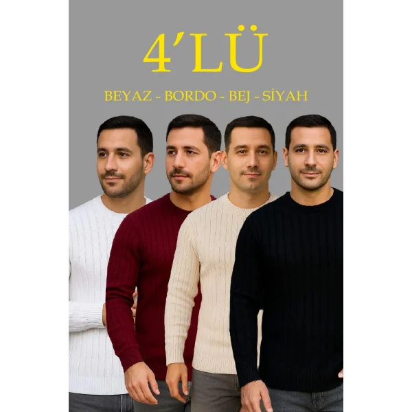 Erkek Fitilli Triko Kazak 4’lü Set – Beyaz, Bordo, Gri, Siyah | Kalın Dokuma Pamuklu Regular Fit Bisiklet Yaka Uzun Kollu Kışlık ve Baharlık Rahat Triko Kombini