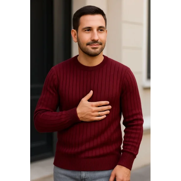 Erkek Fitilli Triko Kazak 4’lü Set – Beyaz, Bordo, Gri, Siyah | Kalın Dokuma Pamuklu Regular Fit Bisiklet Yaka Uzun Kollu Kışlık ve Baharlık Rahat Triko Kombini