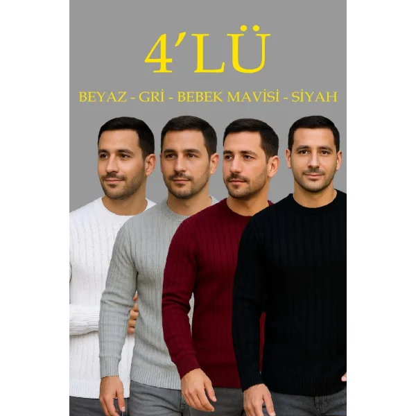 Erkek Fitilli Triko Kazak 4’lü Set – Beyaz, Bordo, Gri, Siyah | Kalın Dokuma Pamuklu Regular Fit Bisiklet Yaka Uzun Kollu Kışlık ve Baharlık Rahat Triko Kombini