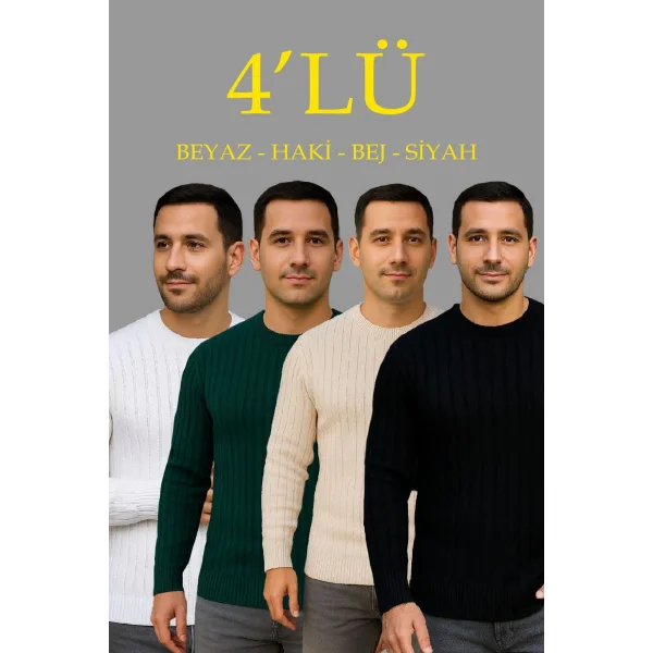 Erkek Fitilli Triko Kazak 4’lü Set – Beyaz, haki, bej, Siyah | Kalın Dokuma Pamuklu Regular Fit Bisiklet Yaka Uzun Kollu Kışlık ve Baharlık Rahat Triko Kombini