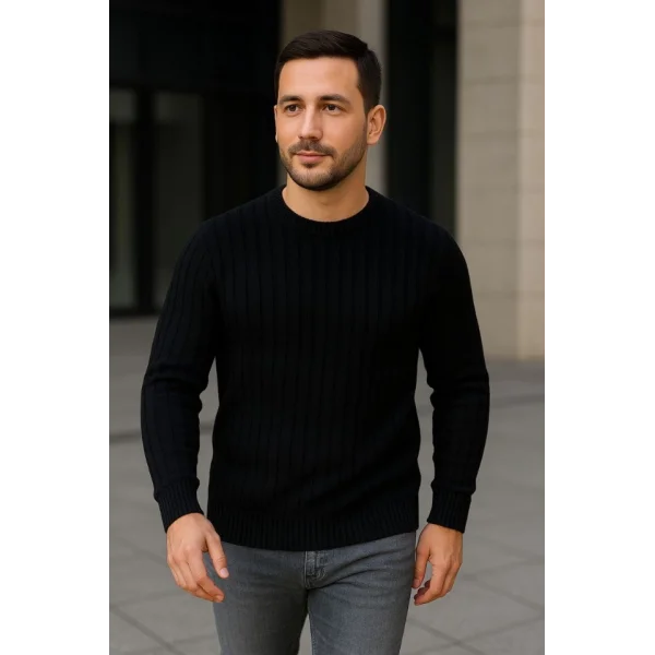 Erkek Fitilli Triko Kazak 4’lü Set – Beyaz, Saks Mavisi, Gri, Siyah  Kalın Dokuma Pamuklu Regular Fit Bisiklet Yaka Uzun Kollu Kışlık Ve Baharlık Rahat Triko Kombini