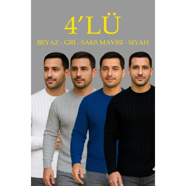 Erkek Fitilli Triko Kazak 4’lü Set – Beyaz, Saks Mavisi, Gri, Siyah  Kalın Dokuma Pamuklu Regular Fit Bisiklet Yaka Uzun Kollu Kışlık Ve Baharlık Rahat Triko Kombini