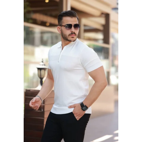 Erkek Göğüs Pirinç Desenli Fermuar Yakalı Kısa Kollu Tişört