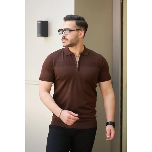 Erkek Göğüs Pirinç Desenli Fermuar Yakalı Kısa Kollu Tişört