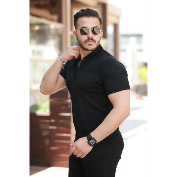 Erkek Göğüs Pirinç Desenli Fermuar Yakalı Kısa Kollu Tişört