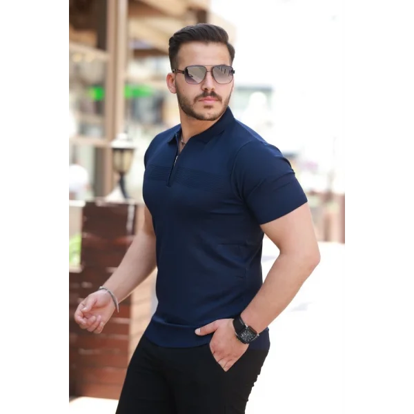 Erkek Göğüs Pirinç Desenli Fermuar Yakalı Kısa Kollu Tişört