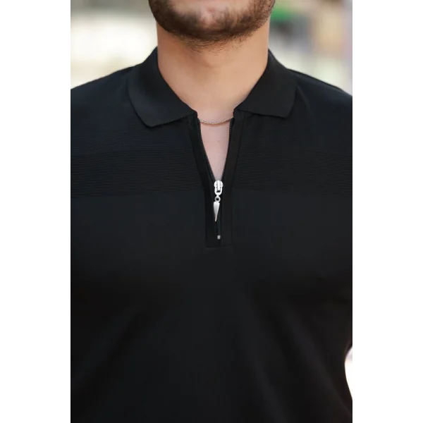 Erkek Göğüs Pirinç Desenli Fermuar Yakalı Kısa Kollu Tişört