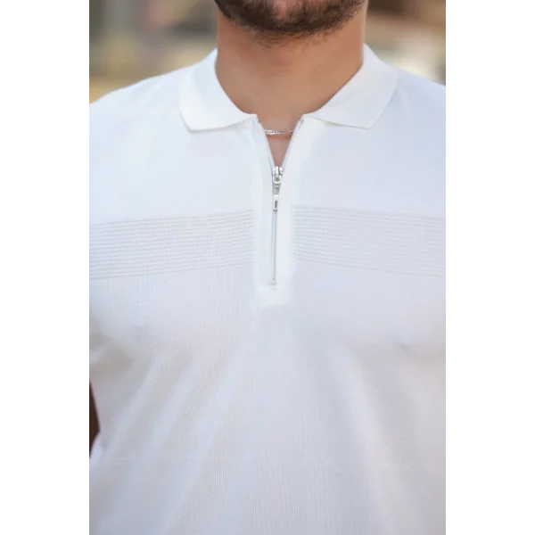 Erkek Göğüs Pirinç Desenli Fermuar Yakalı Kısa Kollu Tişört